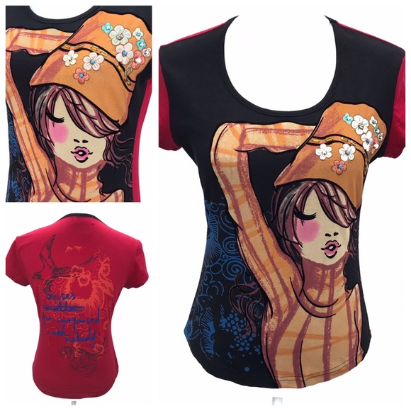 Custo Barcelona Tops - Custo Barcelona Graphic Embroidered Girl Print Top